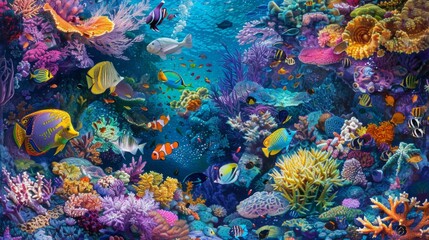 Fototapeta na wymiar Coral reef paradise: Vibrant coral reefs teem with life as tropical fish of all shapes and sizes dart among the intricately patterned corals.