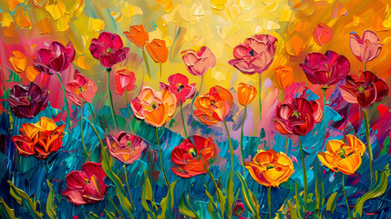 A vibrant tulip field texture floral abstract art from a colorful original painting for abstract background in red yellow color detailed Tulip garden. 