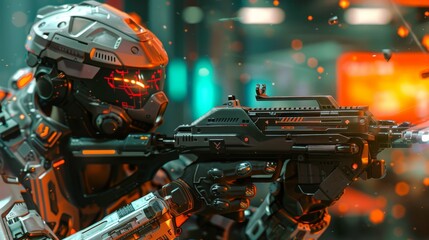 A man in a futuristic suit is holding a gun and standing in front of a building