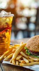 Culinary Delight: Gourmet Burger, Crispy Fries, and Refreshing Drink