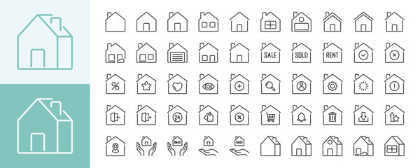 House, cottage, mansion, home, apartments, building, architecture 50 line icons. Real estate sign, symbol. Isolated on a white background. Pixel perfect. Editable stroke. 64x64.