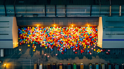 Large amount of balloons are hanging from the ceiling of large building.