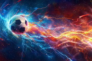 Soccer ball with electric and fiery effects on starry space backdrop - obrazy, fototapety, plakaty
