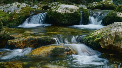 Forest stream: Clear water cascades over mossy rocks in a serene forest stream, the sound of babbling water echoing tranquility.