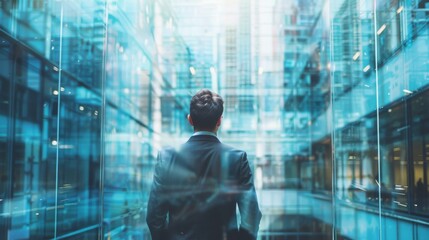 A man in a suit is looking out of a window in a building