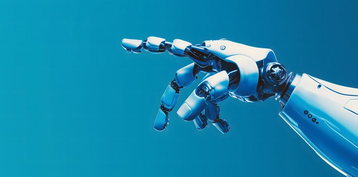 Foto einer Roboterhand, die auf einen leeren Raum zeigt, blauer Hintergrund. Webbanner mit Copyspace, Konzept Digitalisierung, Robotik