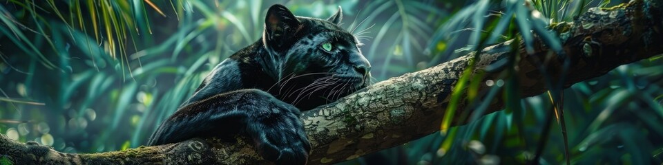 black panther lurking in the jungle. - obrazy, fototapety, plakaty