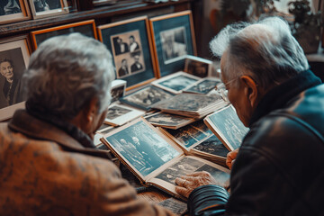 Mature women viewing family albums, evoking nostalgia and historical family connections. Suitable for articles on genealogy, memory, and family heritage.