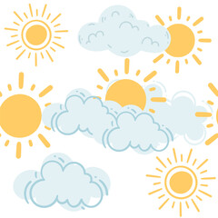 Seamless pattern of different shapes of yellow sun vector illustration on white background