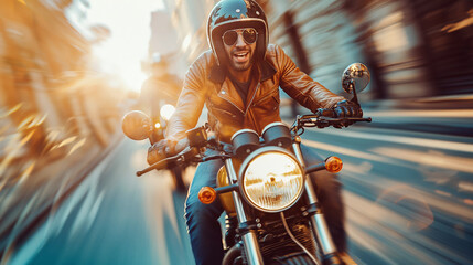 Dynamic motorcycle ride, a man in action on a city street, conveys speed and urban lifestyle, ideal...