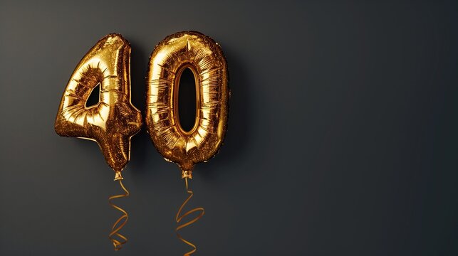 Golden foil balloon number 40 text on dark background. Dark birthday decoration