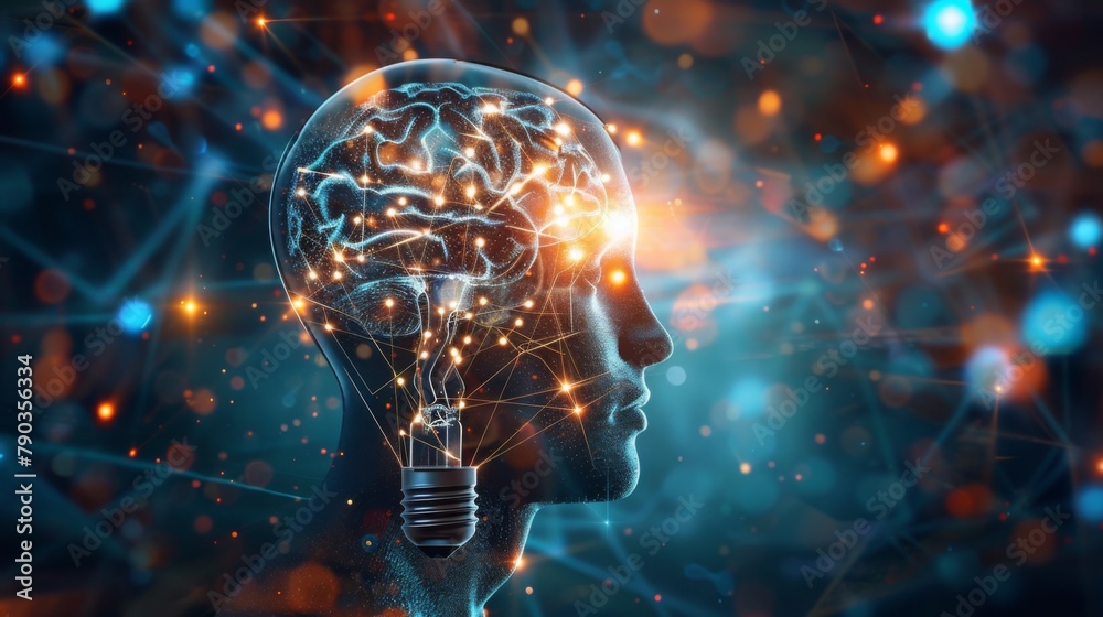 Poster Head with new idea, lighting bulb and networking concept