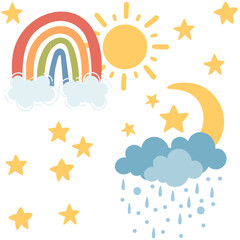 Seamless pattern of weather rainbow sun moon and clouds vector illustration on white background - 790356593