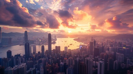 Fototapeta premium Hong Kong Sunrise, View from The peak, Hong Kong