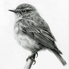 Black and White Pencil Sketch of a Willow Warbler Bird on a White Background