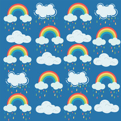 Seamless pattern of colored rainbows with cloud vector illustration on blue background