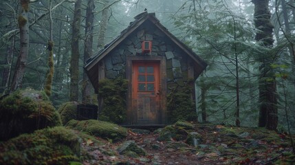 Fototapeta na wymiar A small cabin in the woods with a red door, AI