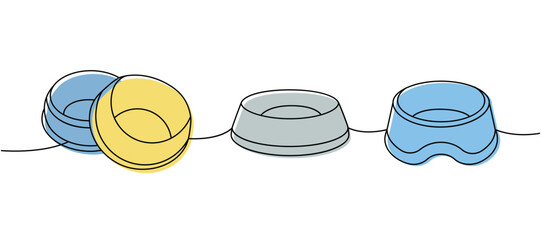Pet supply assortment. Pet bowl, dog bowl continuous one line illustration. Vector linear illustration. - 790357178