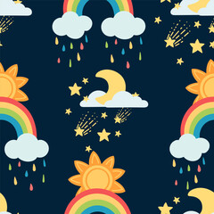 Seamless pattern of weather rainbow sun moon and clouds vector illustration on dark background