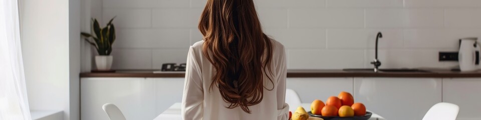 girl standing with her back near a table with a plate of fruit in a modern interior.