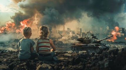 Two children are sitting on the ground in front of a tank