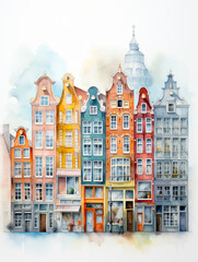 Minimal watercolour of Amsterdam, facades front view, tranquil surfaces - 790357529