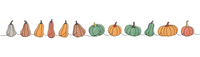 Pumpkins set. Pumpkins one line colored continuous drawing. Autumn halloween vegetables continuous one line illustration. Vector illustration.