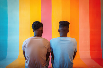 Two men against a colorful background in a moment of contemplation. The image evokes thoughts on identity and diversity, suitable for discussions on individuality and LGBT topics.