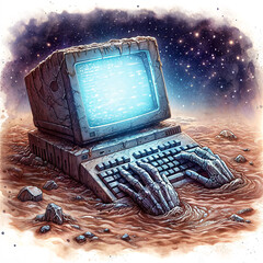 old computer with a glowing screen, lost in the desert - 790357716