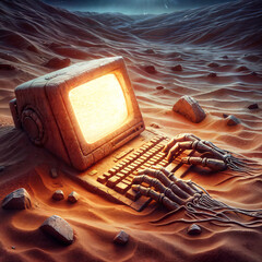 old computer with a glowing screen, lost in the desert - 790357719