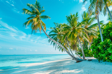A beautiful beach with palm trees and a clear blue sky. Feeling of calm and relaxation.