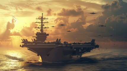 A large navy ship is sailing in the ocean with a group of fighter jets flying in