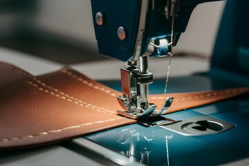 Modern sewing machine stitching brown leather under presser foot - obrazy, fototapety, plakaty