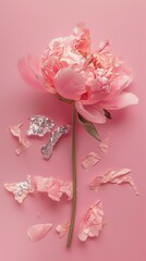 peony bud with pieces of foil on a pink background.