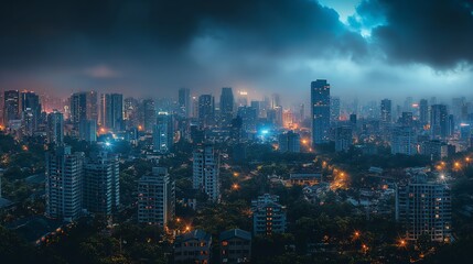 Dramatic cityscape under stormy skies, illustrating the contrast of nature and urban life, perfect for dramatic backdrops and storytelling.
