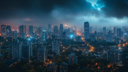 Obraz premium Dramatic cityscape under stormy skies, illustrating the contrast of nature and urban life, perfect for dramatic backdrops and storytelling.