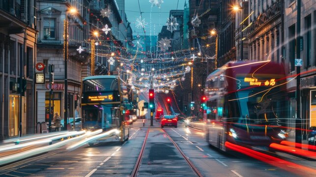 Manchester, England, UK. December 18th, 2021: Long exposure light trails from buses and other moving traffic on Portland Street in the final run up to Christmas