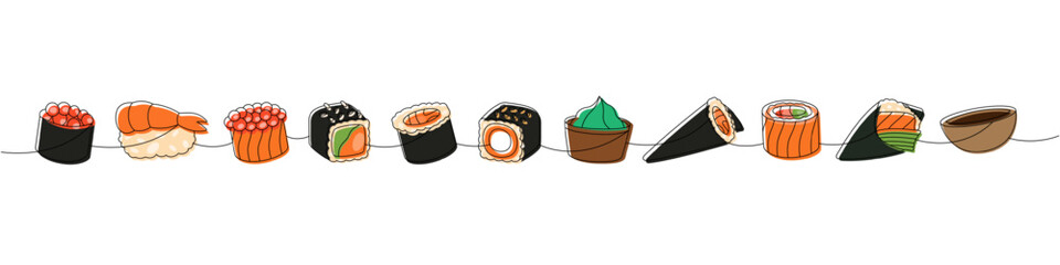 Set of sushi rolls. Japanese cuisine, traditional food one line drawing. Ikura sushi, tobiko maki, shrimp nigiri, tekkamaki tuna roll, futomaki