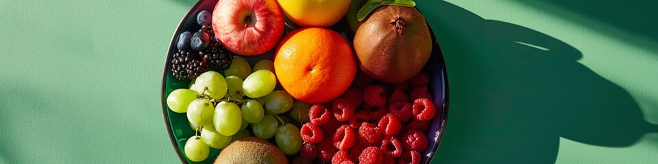 fruits in a deep plate on a green background.