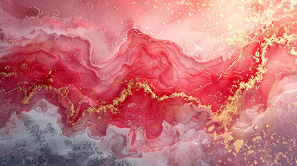 An abstract blend of cherry red and minty frost, with golden veins like a frozen sunrise. 