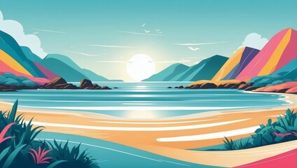 Fototapeta na wymiar Colorful striped art vector background. Minimalistic beach landscape concept. Abstract coastal background.