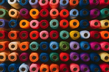 Colorful thread rolls ready for tailors in embroidery studio