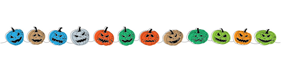 Pumpkins scary faces. Autumn pumpkins with scary faces one line colored continuous drawing. Halloween vegetables continuous one line illustration.