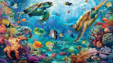 Marine life: A diverse array of marine creatures, from colorful fish to graceful sea turtles, inhabit the vibrant underwater world of the ocean.