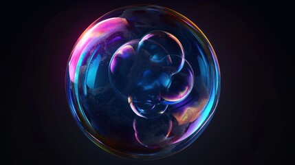 3d render transparent sphere glass bubble with holographic effect on black background. AI generated