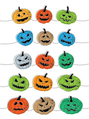 Autumn pumpkins faces. Pumpkins with scary faces one line colored continuous drawing. Autumn halloween vegetables continuous one line illustration.