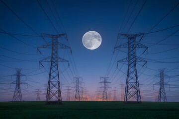 Electrical grid network with power lines under full moon
