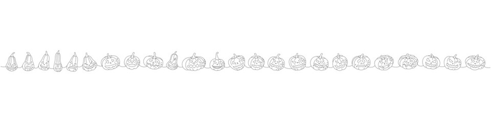 Set of pumpkins faces. Pumpkins with scary faces one line continuous drawing. Autumn halloween vegetables continuous one line illustration.
