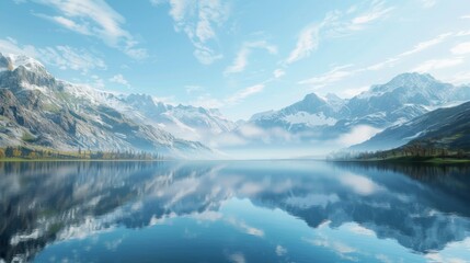 Fototapeta na wymiar Mountain lake tranquility: A tranquil alpine lake reflects the surrounding peaks, its surface as smooth as glass in the early morning light.