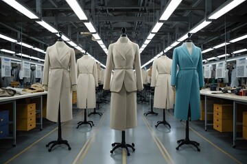 Mannequins display drafted garments in organized factory setting with text space